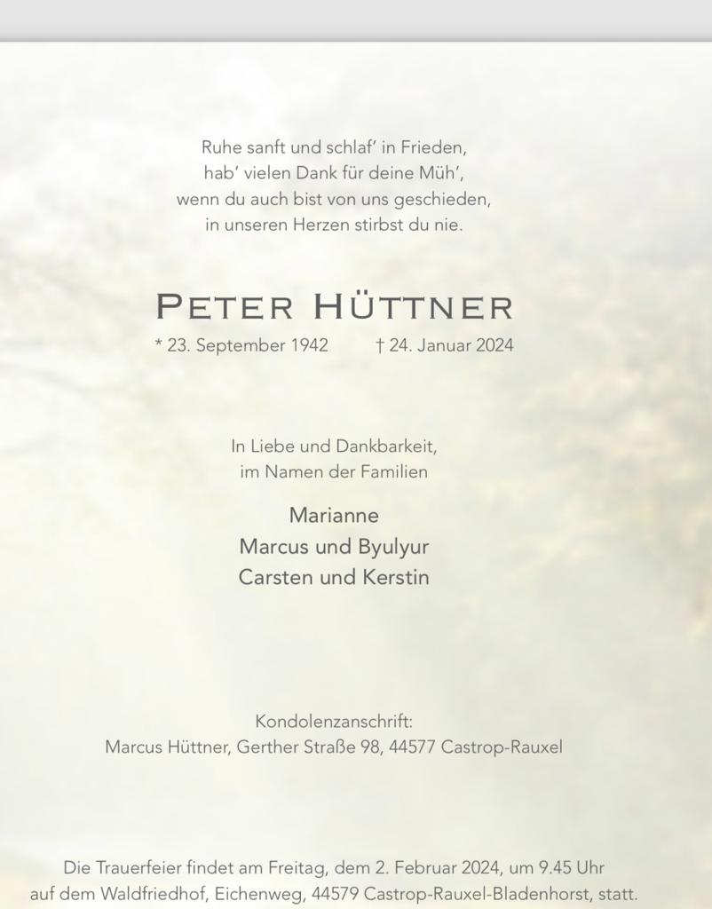 Traueranzeige Peter Hüttner